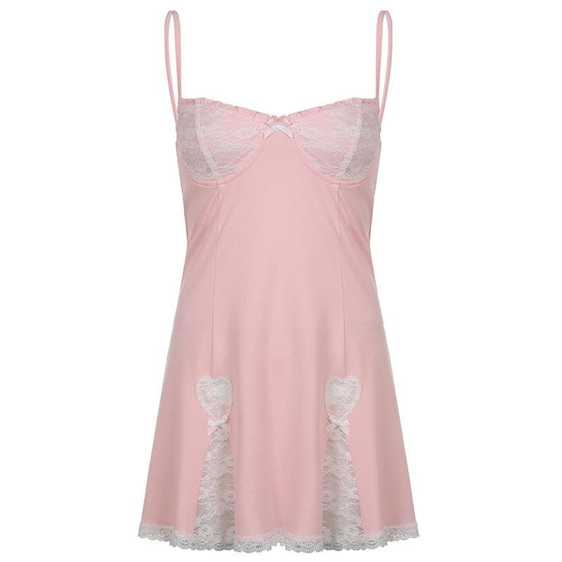 Sweetheart Lace Cup Bow Trim Front Slit Lace Panel Cami Mini Dress 11