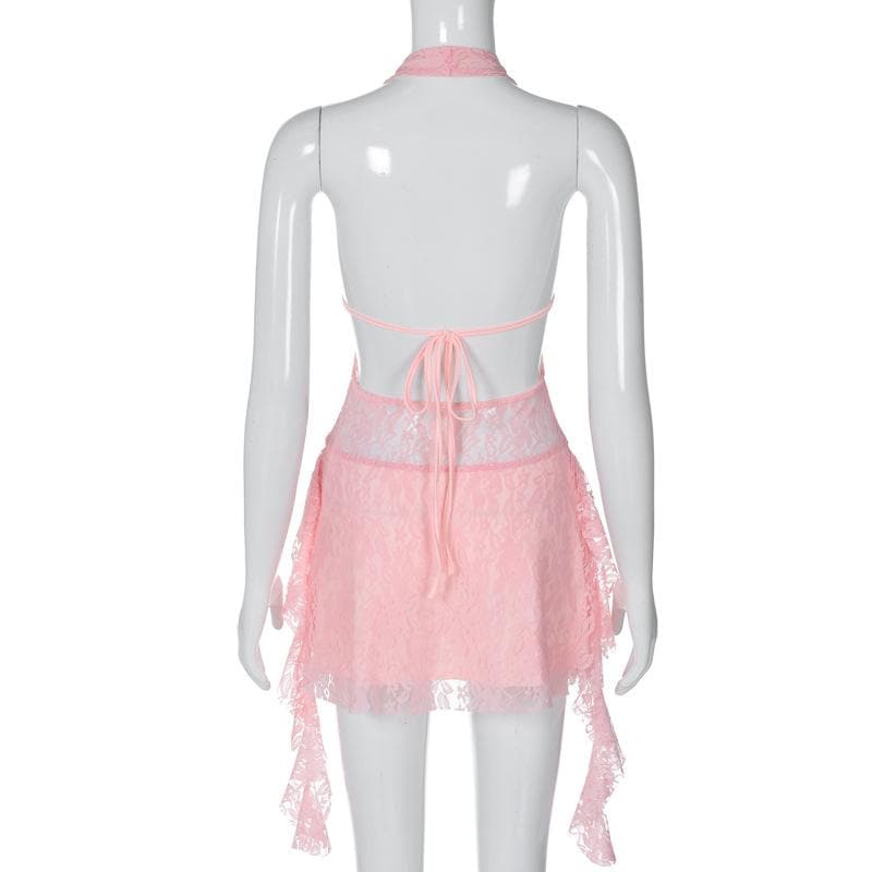 Deep V Halter Lace Up Sheer Ruffle Hem Mini Dress 9