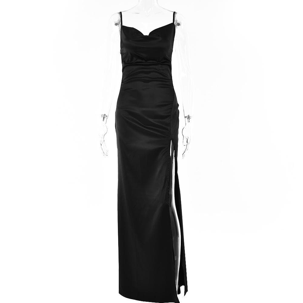 Cowl Neck Slit Ruched Backless Cami Maxi Dress