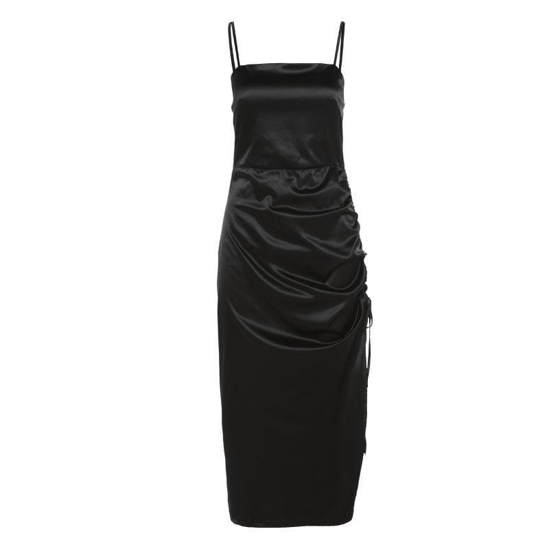 Satin Square Neck Side Ruched Drawstring Slit Bodycon Midi Dress 2