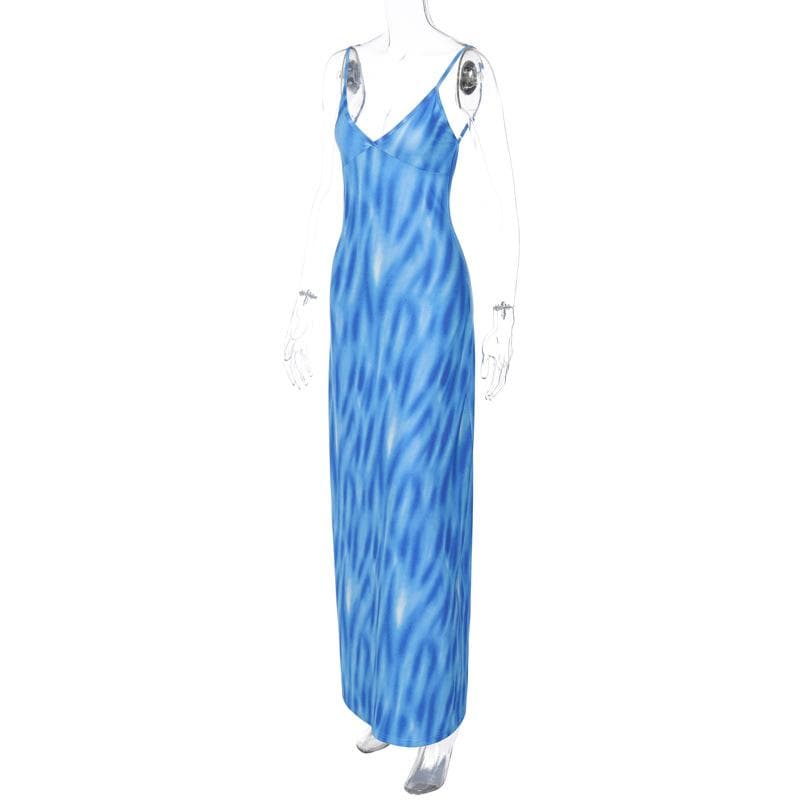 V Neck Spaghetti Strap Abstract Swirl Print Bodycon Maxi Dress 5