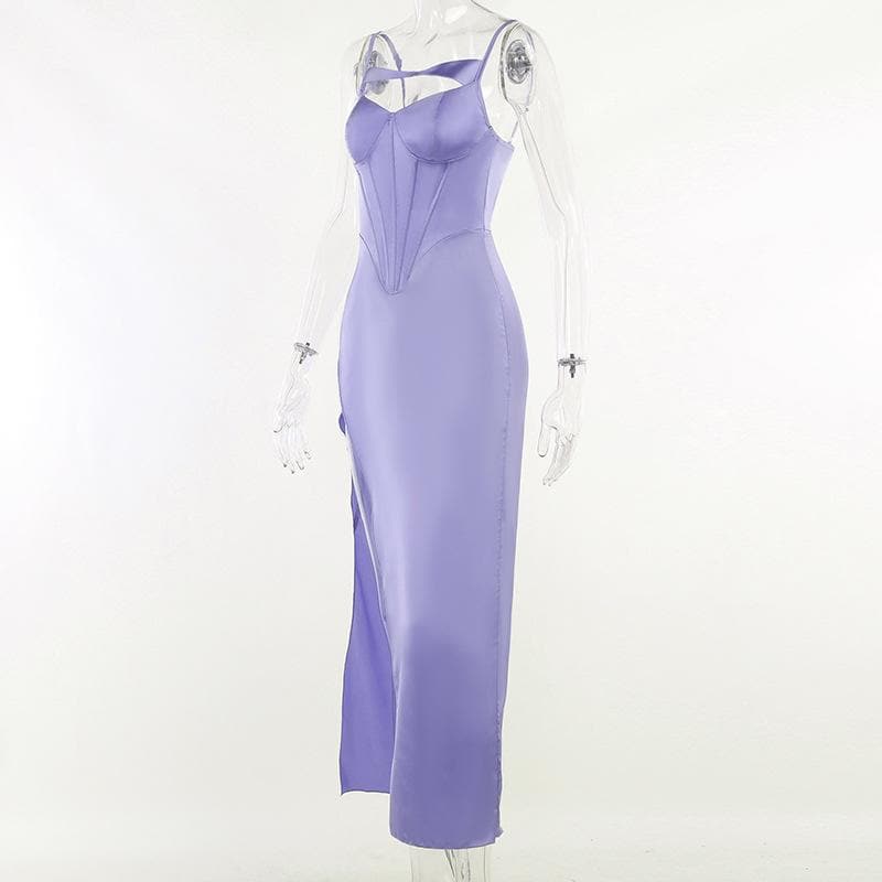 Spaghetti Strap Corset Panel Chest Cutout High Slit Satin Maxi Gown 9