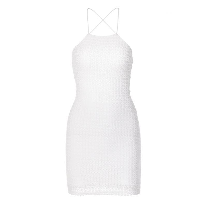 Textured Eyelet Cross Back Lace Up Backless Mini Dress 2