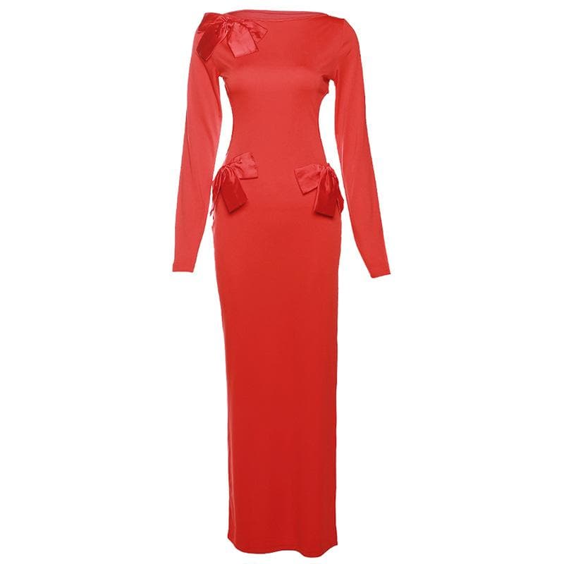 Long Sleeve Side Cutout Bow Detail Bodycon Maxi Dress 2