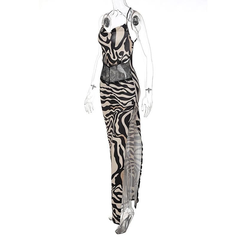 Square Neck Spaghetti Strap Lace Waistband Zebra Print Side Slit Maxi Dress 3
