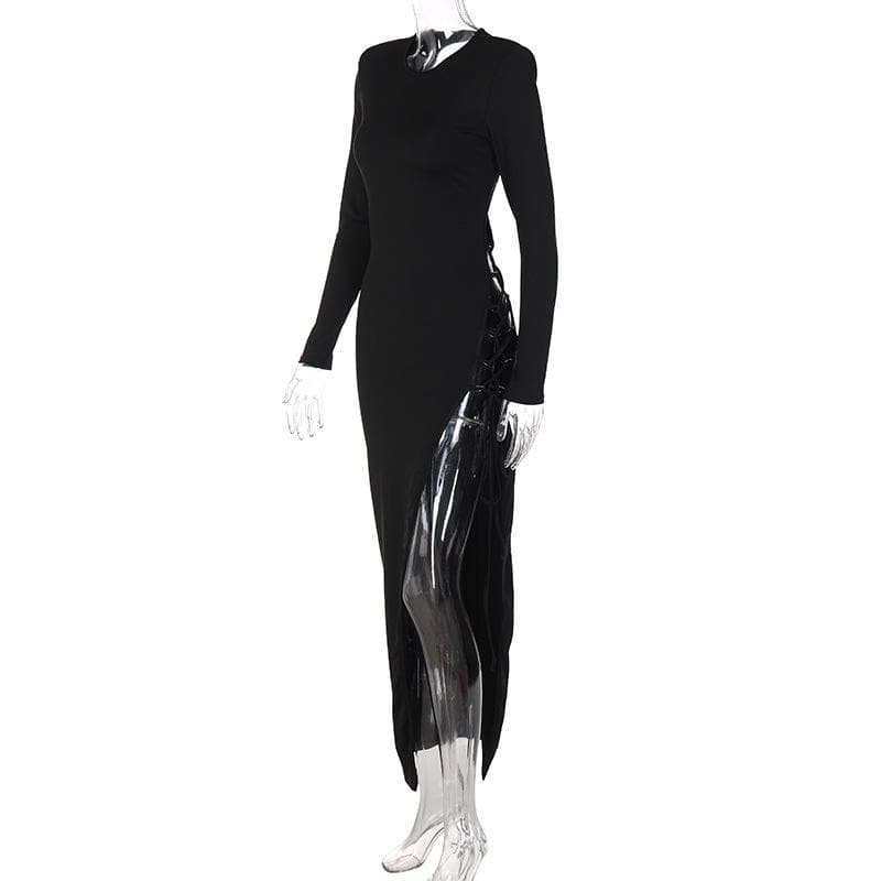 High Neck Chest Cutout Lace Up Side Slit Bodycon Maxi Dress 7