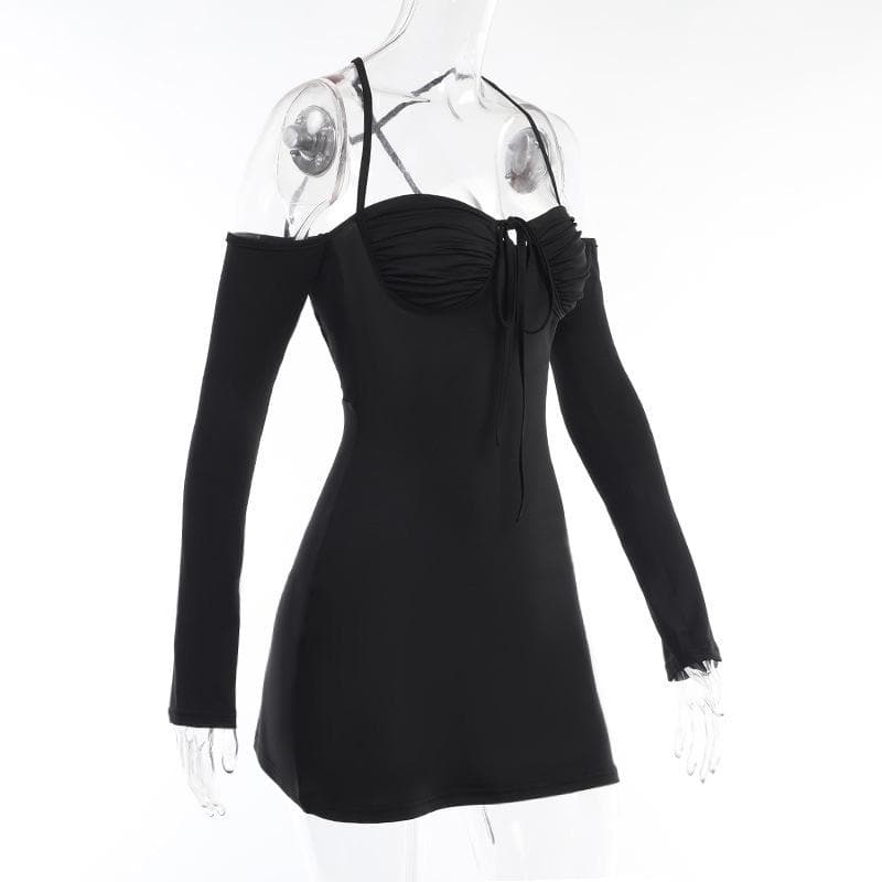 Sweetheart Tie Front Cold Shoulder Long Sleeve A-Line Mini Dress 4