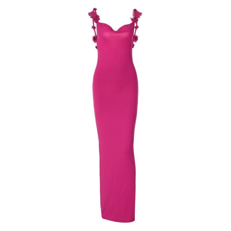 Spaghetti Strap Rosette Applique Open Back Bodycon Maxi Dress 9