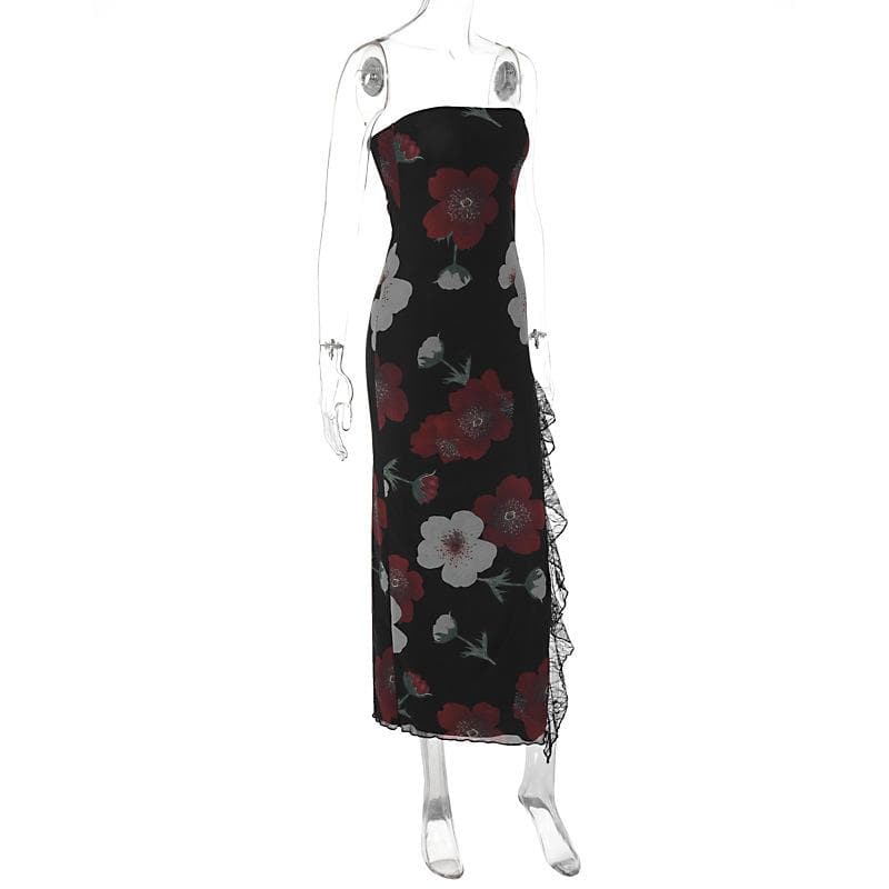 Floral Print Strapless Tube Neck Lace Trim Thigh Slit Maxi Dress 3