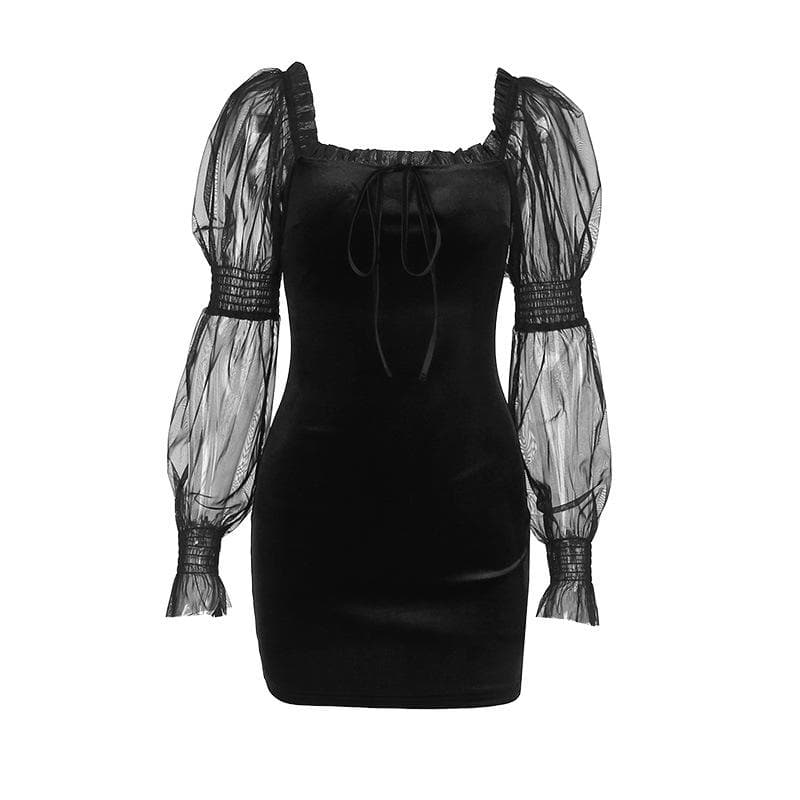 Off Shoulder Mesh Puff Sleeve Tie Front Ruffle Trim Velvet Bodycon Mini Dress 2