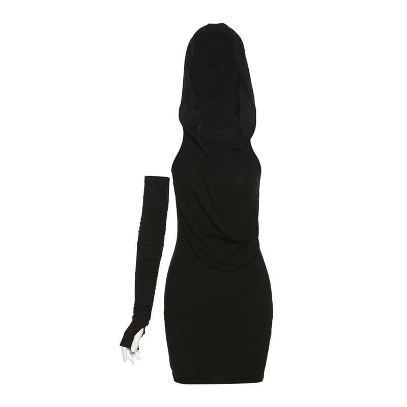 Rib Knit Hood Cowl Overlay Single Glove Sleeve Bodycon Mini Dress 3