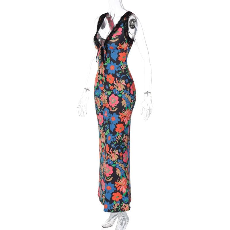 Lace Trim Tie Front Plunge V Neck Floral Maxi Dress 3