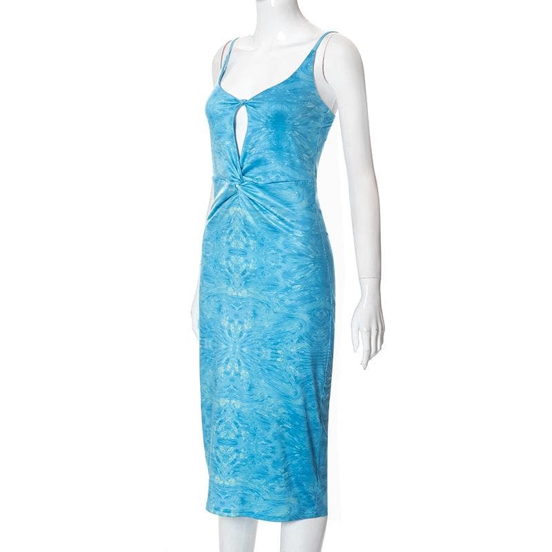 Deep V-Neck Keyhole Twist Front Marble Print Satin Maxi Dress 4