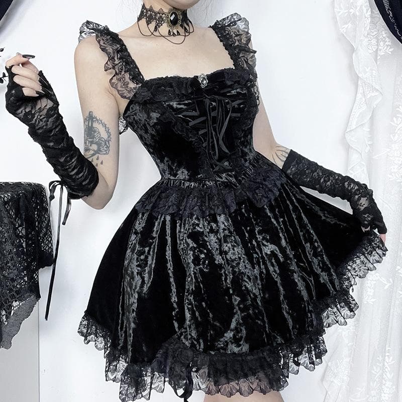 Sleeveless Velvet Lace Hem Ruffle Lace-Up Mini Dress 2