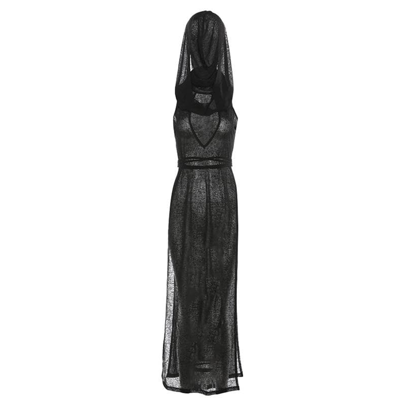 Sleeveless Hooded Mask Keyhole Cutout Sheer Panel Maxi Dress 2