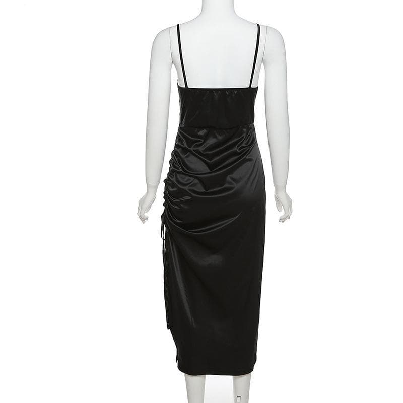 Satin Square Neck Side Ruched Drawstring Slit Bodycon Midi Dress 4