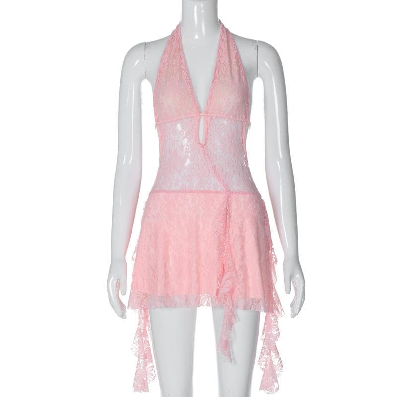 Deep V Halter Lace Up Sheer Ruffle Hem Mini Dress 4