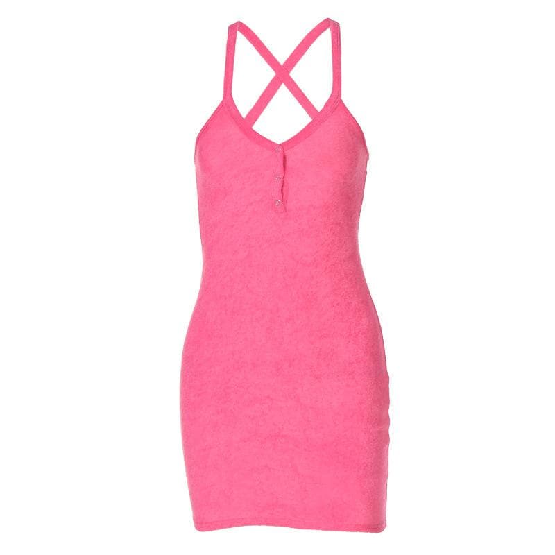 Deep V Cross Back Button Front Textured Mini Dress 2