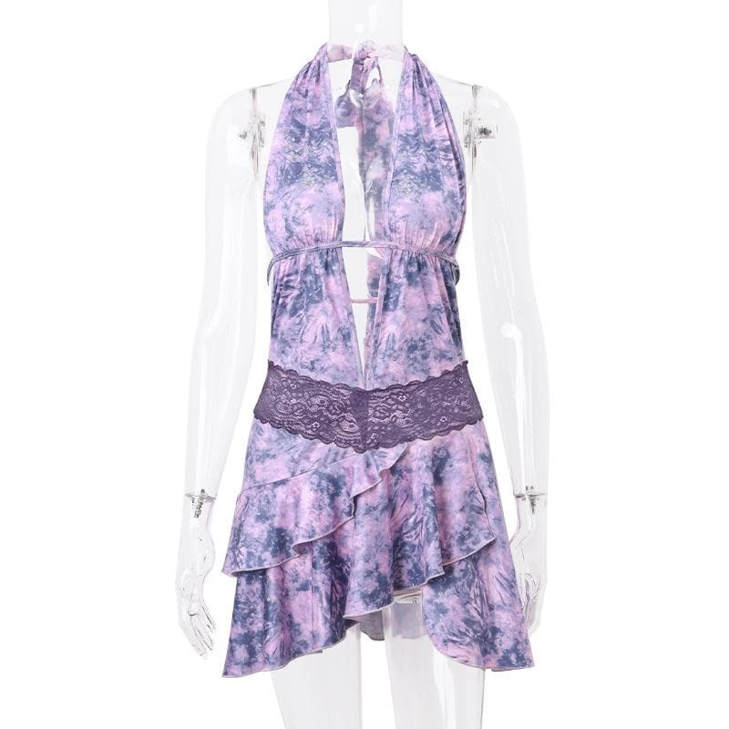 Halter Deep V Neck Lace Waist Ruffle Skirt Tie Dye Mini Dress 8