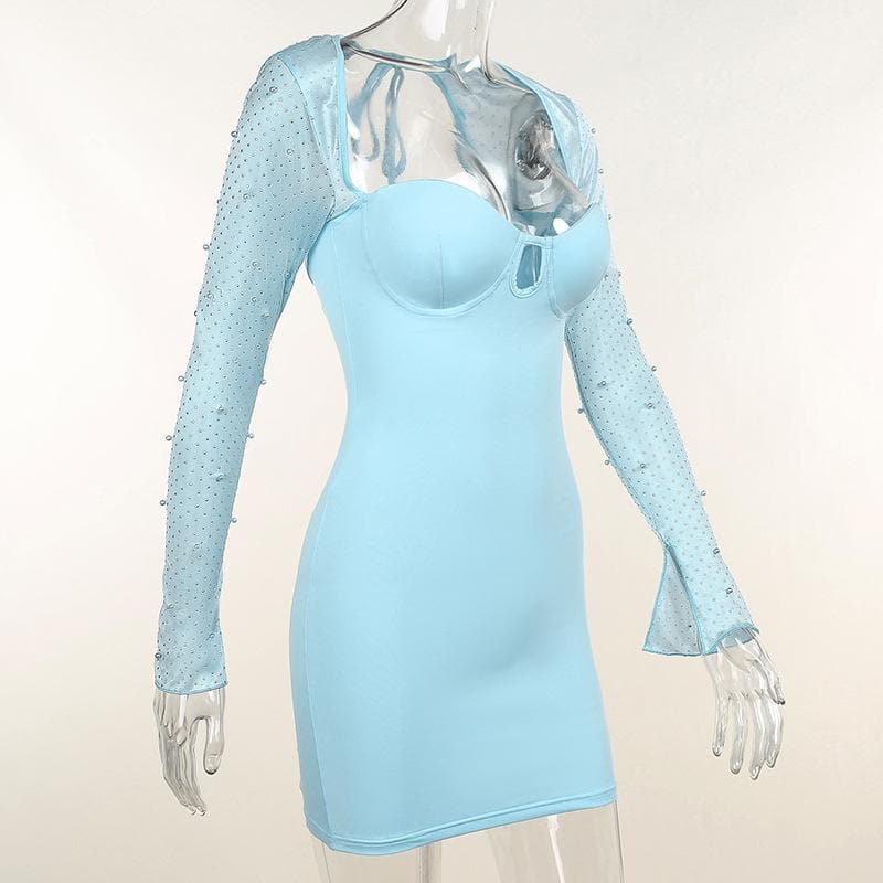 Hollow Out Beaded Mesh Sleeve Sweetheart Keyhole Ruched Zip Mini Dress 5