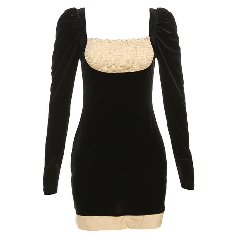 Square Neck Smocked Contrast Panel Puff Sleeve Velvet Mini Dress