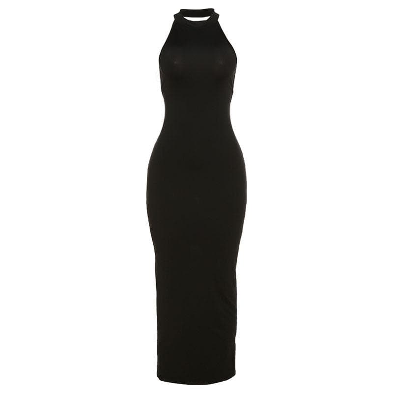 Halter Back Buckle Strap Open Back High Slit Bodycon Maxi Dress 2