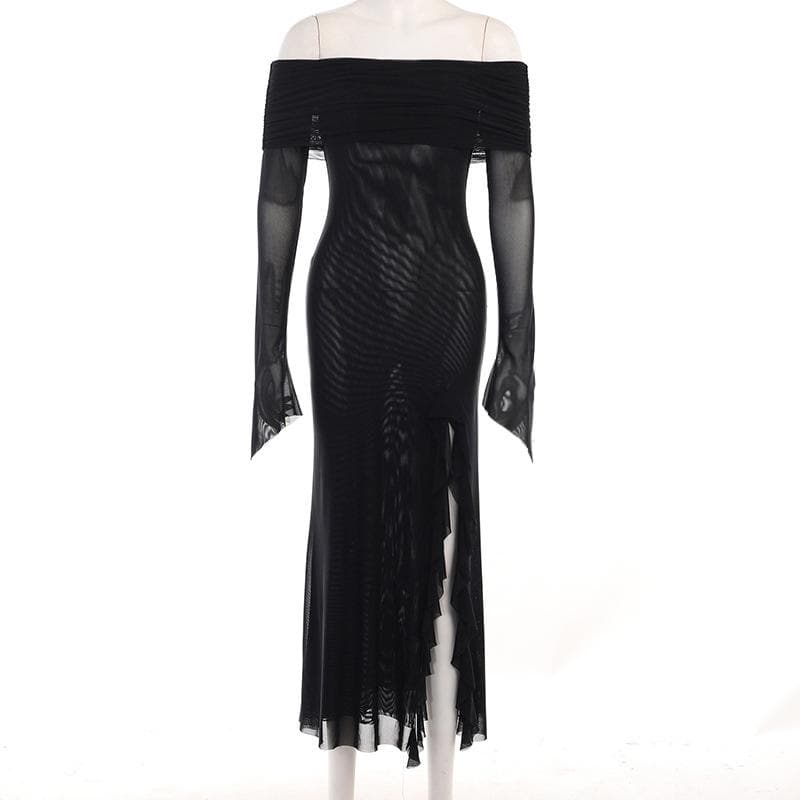 Off Shoulder Ruched Mesh Long Sleeve High Slit Ruffle Trim Maxi Dress 3
