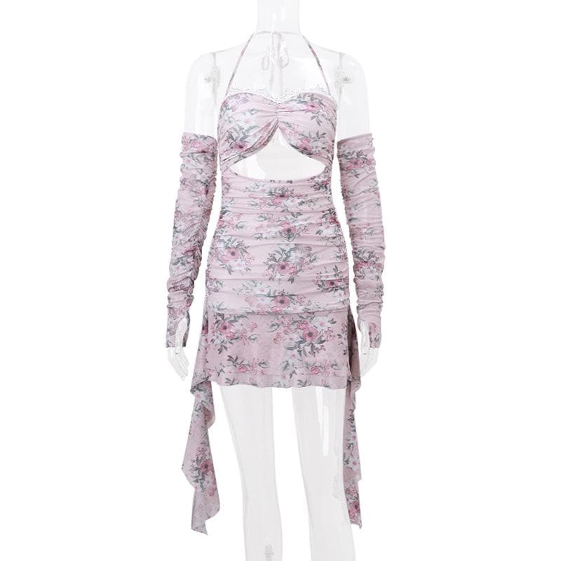 Halter Floral Print Lace Trim Midriff Cutout Ruffle Hem Mini Dress and Lace Arm Sleeves Set 8