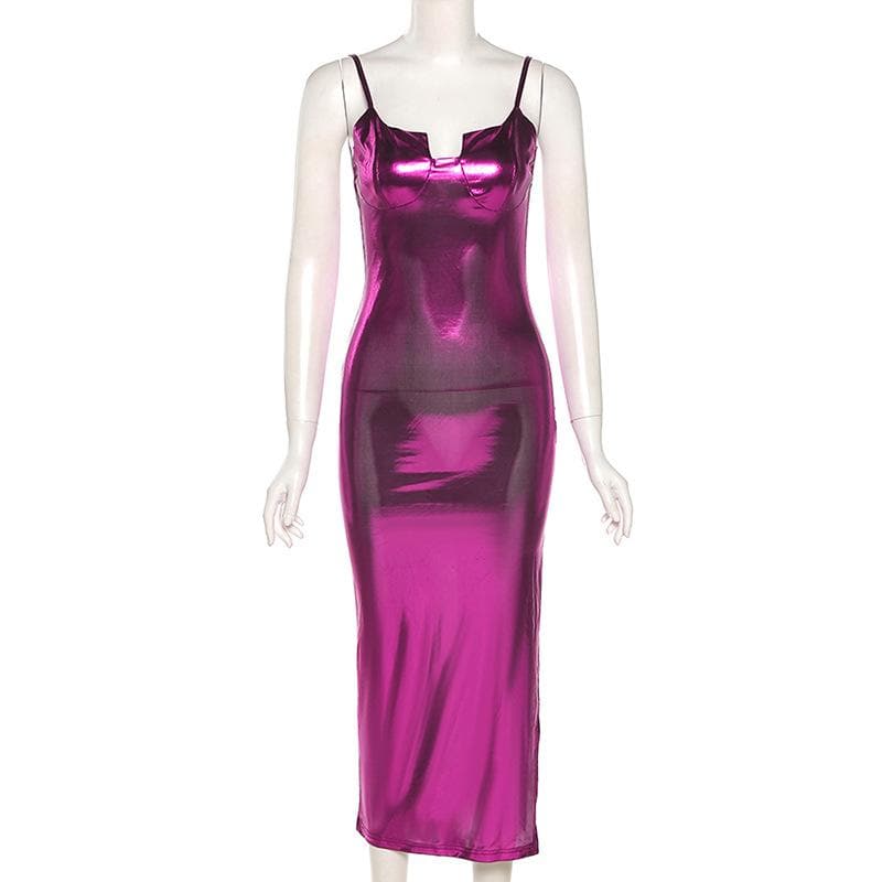 Metallic Notch Neck Spaghetti Strap Backless Cami Midi Dress 2