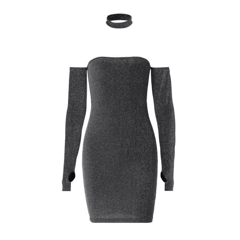 Strapless Glitter Tube Detached Sleeve Thumbhole Choker Mini Dress Set