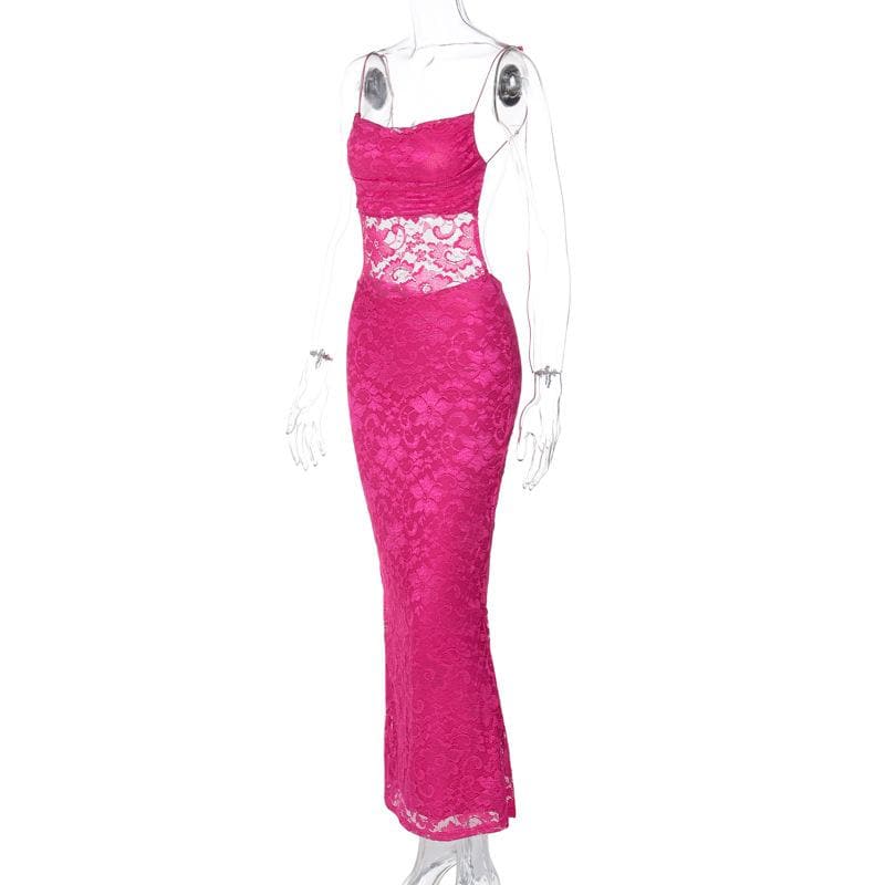 Floral Lace Spaghetti Strap Sheer Midriff Bodycon Maxi Dress 3