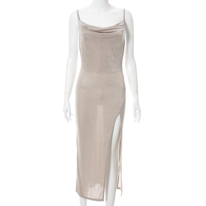 Cowl Neck Spaghetti Strap Ruched Waist High Slit Bodycon Maxi Dress 5