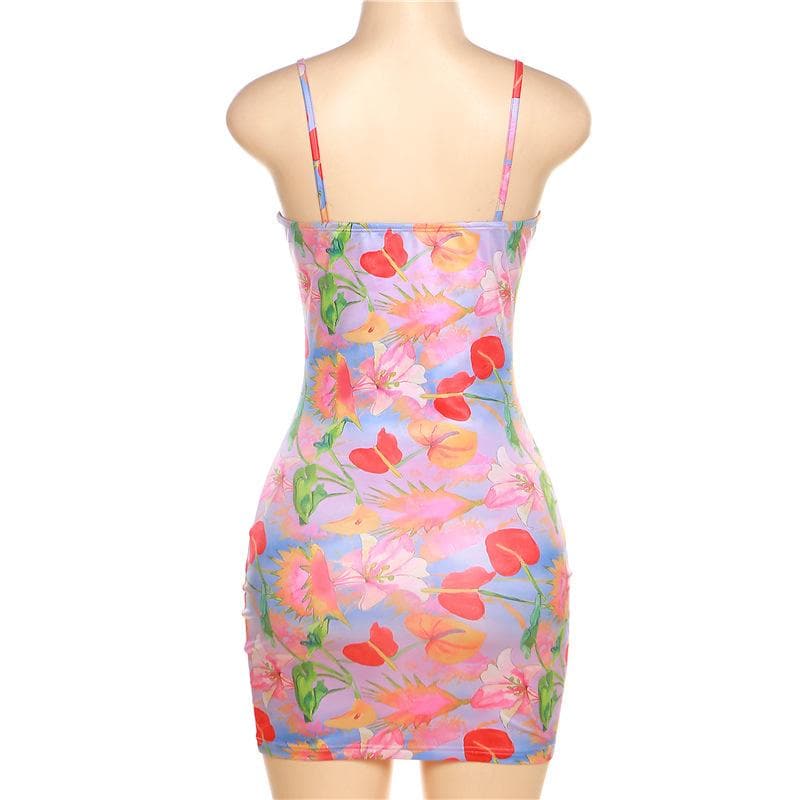 Sweetheart Neck Spaghetti Strap Floral Print Bodycon Mini Dress 4