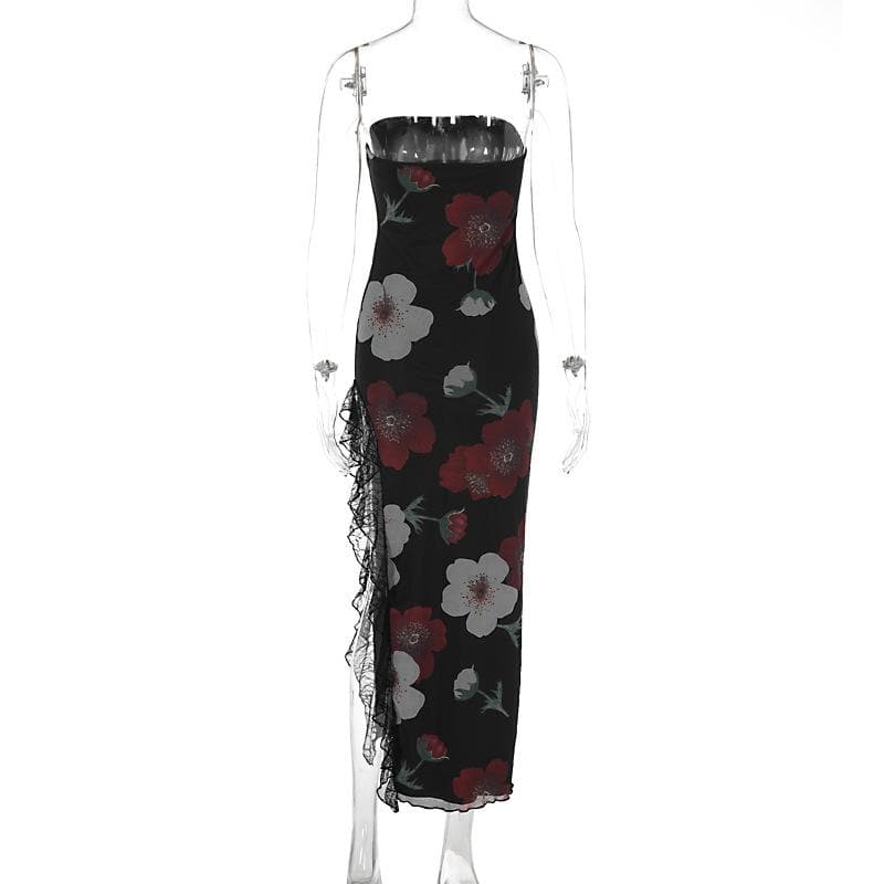 Floral Print Strapless Tube Neck Lace Trim Thigh Slit Maxi Dress 4