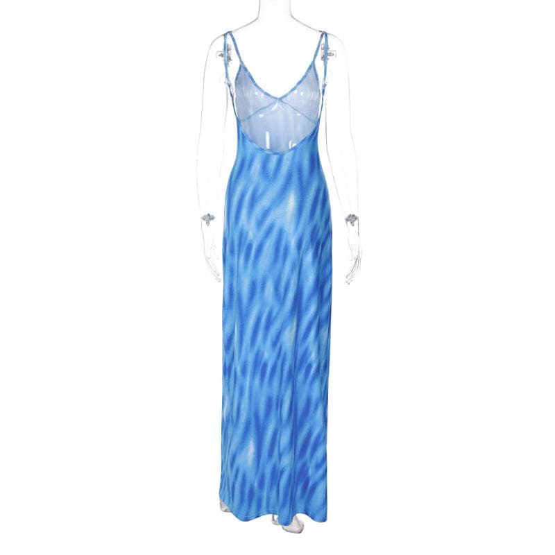 V Neck Spaghetti Strap Abstract Swirl Print Bodycon Maxi Dress 10