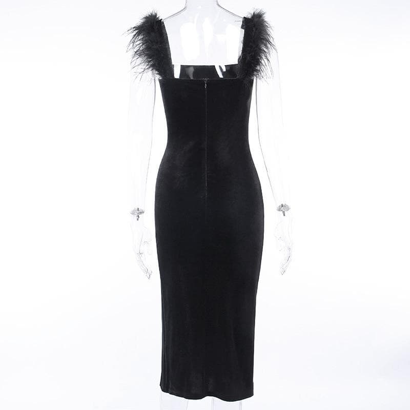 Square Neck Faux Fur Strap Side Slit Velvet Zip Up Midi Dress 4
