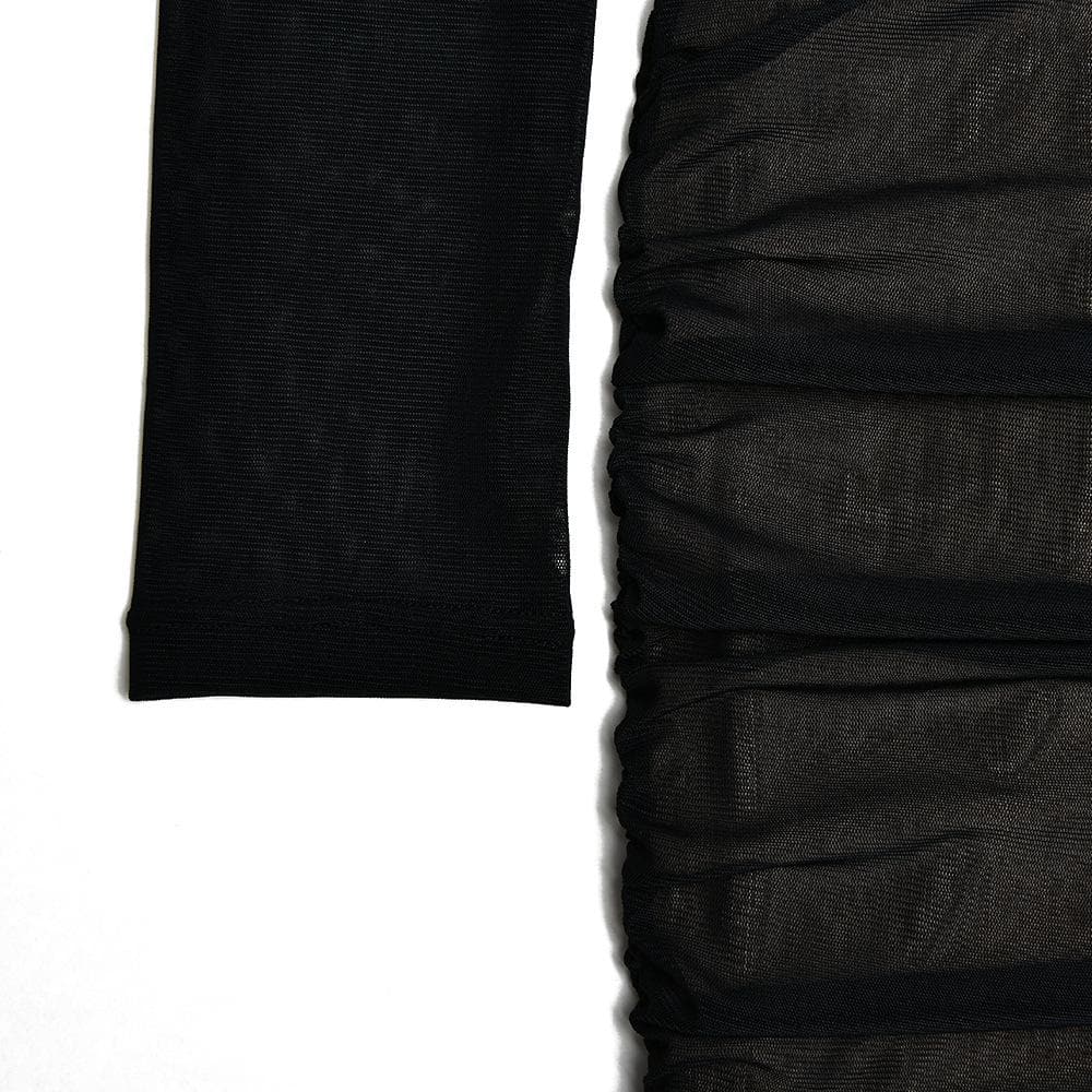 Crew Neck Sheer Mesh Long Sleeve Horizontal Ruched Bodycon Mini Dress 6