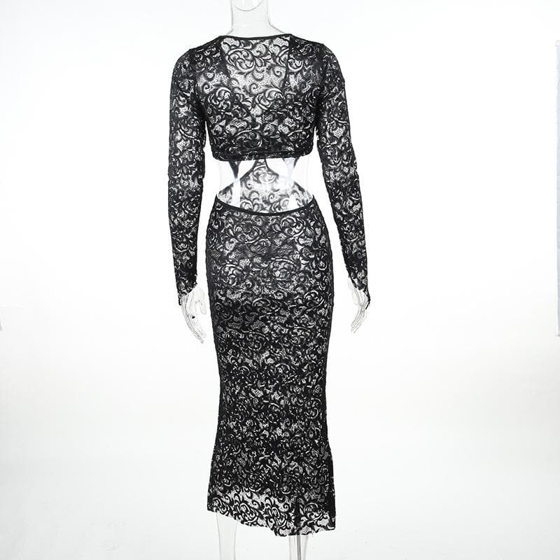 Deep V Neck Lace Long Sleeve Waist Cutout Floor Length Maxi Dress 4