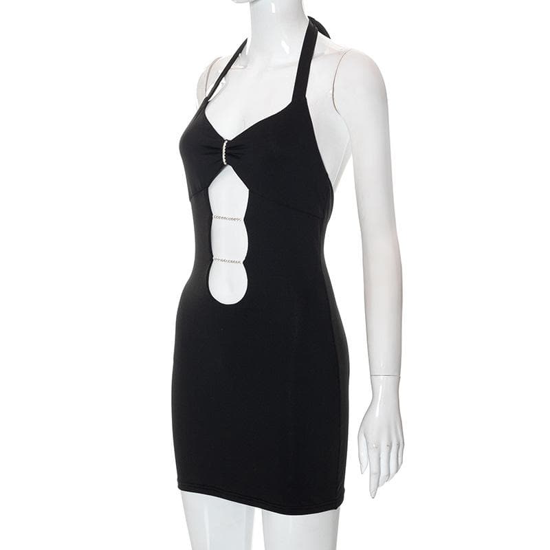Halter Rhinestone Connector Triple Cutout Bodycon Mini Dress 7