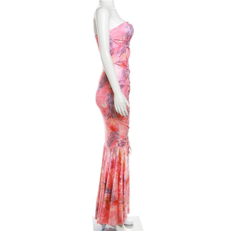 Strapless Floral Print Lace-Up Back Maxi Dress 8