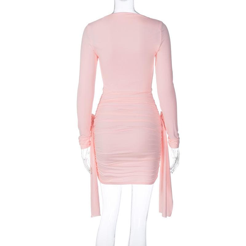 Flower Applique Ribbon Trim Ruched Long Sleeve Mini Dress 5