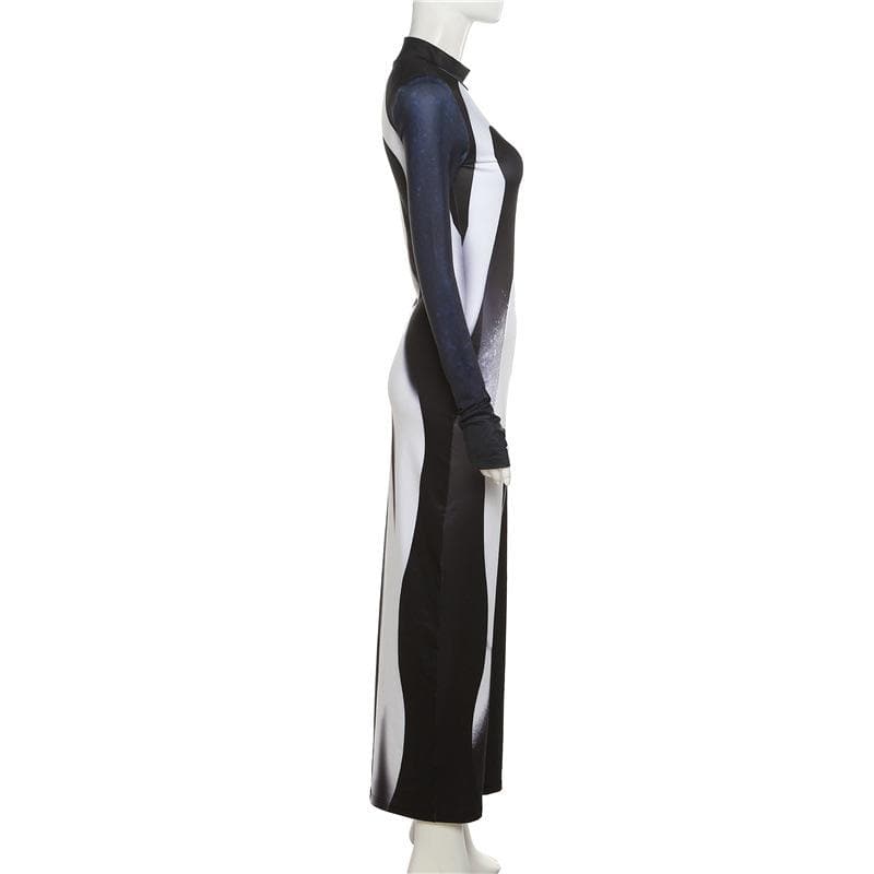 Mock Neck Long Sleeve Shadow Illusion Thumbhole Bodycon Maxi Dress 5