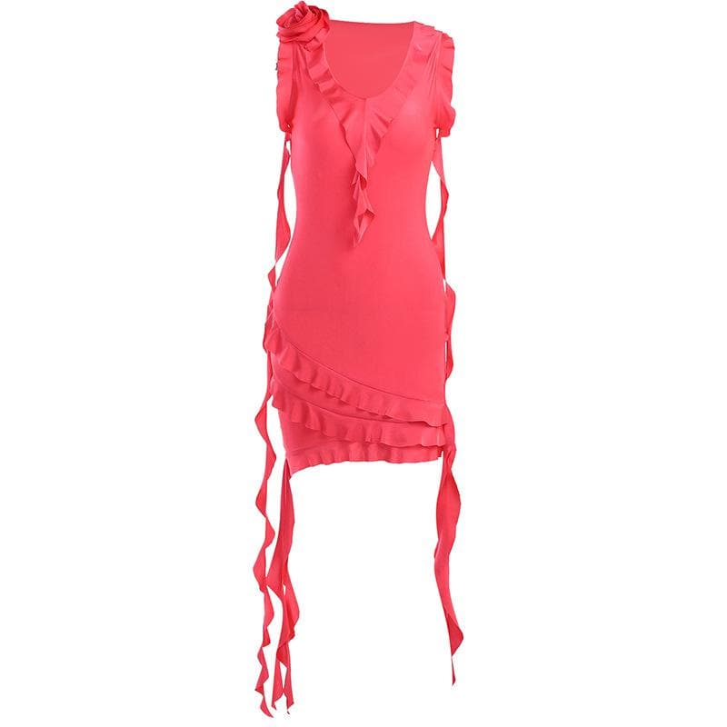 V Neck Floral Applique Ruffle Ribbon Asymmetric Hem Mini Dress 2