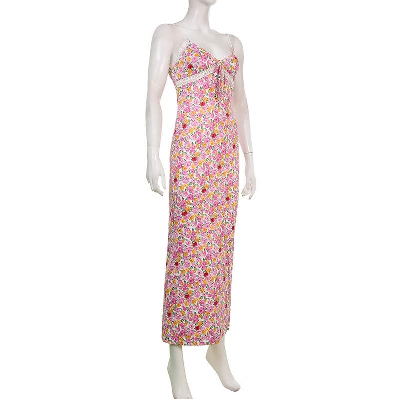 Floral Print V Neck Keyhole Tie Lace Trim Spaghetti Strap Cami Maxi Dress 2