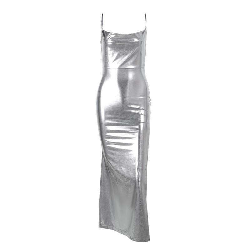 Metallic Cowl Neck Spaghetti Strap Open Back Slit Bodycon Maxi Dress