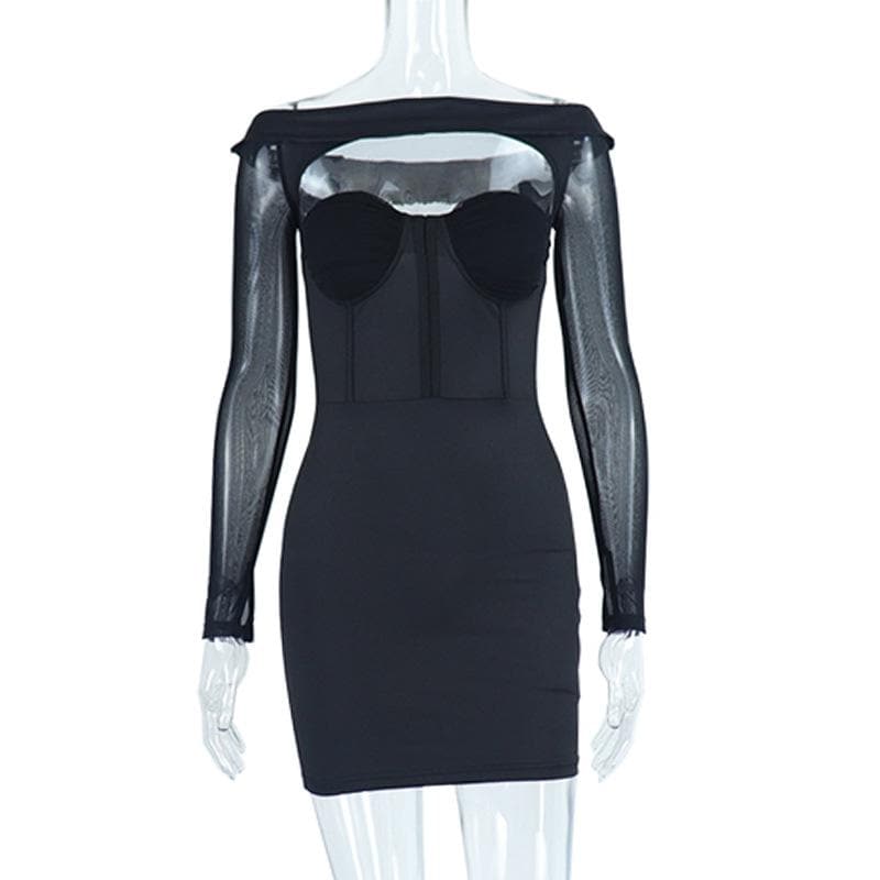 Off Shoulder Corset Sweetheart Mesh Long Sleeve Bodycon Mini Dress 2