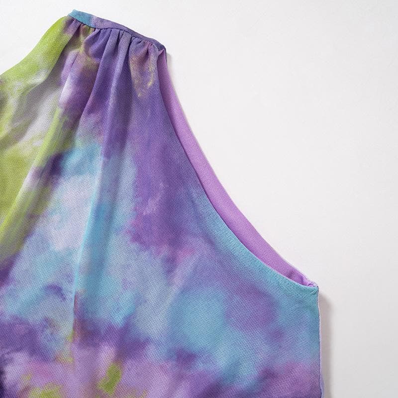 Crewneck Sleeveless Ruched Abstract Tie Dye Mesh Mini Dress 11