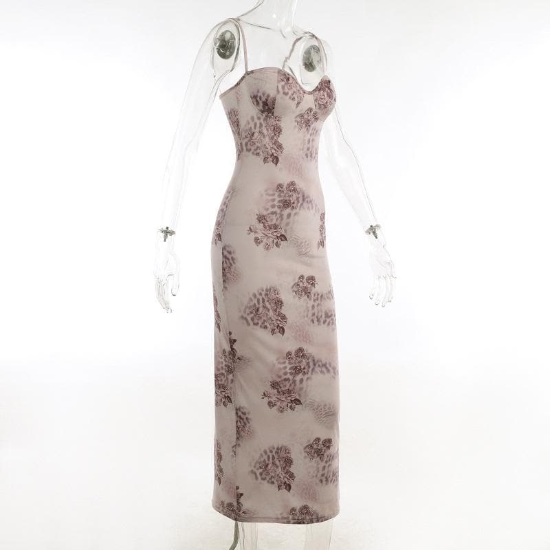 Floral Spotted Print Sweetheart Bustier Spaghetti Strap Bodycon Maxi Dress 3