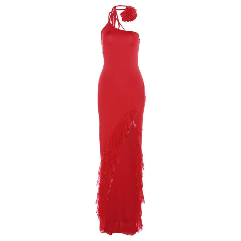 One Shoulder Flower Choker Ruffle Trim High Slit Ribbed Maxi Dress 2