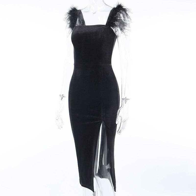 Square Neck Faux Fur Strap Side Slit Velvet Zip Up Midi Dress 3